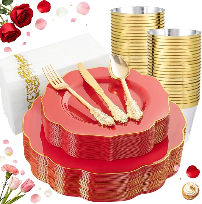 NOCCUR 175PCS Red Plastic Plates with Gold Disposable Silverware - Include 50 Red Gold Plastic Plates,25 Knives,25 Forks,25 Spoons,25 Cups and 25 Napkins - Ideal for Party/Mother's Day