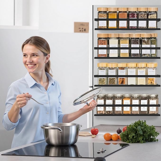 Magnetic Spice Rack for Refrigerator Seasoning Organizer for Spice Fridge Shelf storage Magnetic Shelf with Hook for Oven(6pack) (4Pack-Cut out-black)