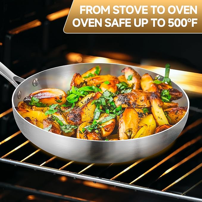 Inqibee 8.5-12 Inch Tri-Ply Stainless Steel Frying Pans Set with Lids Skillets, Induction Cooking Pans, Pots and Pans Set, Dishwasher and Oven Safe, Detachable Handle