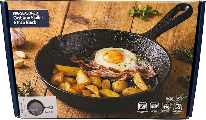 Pre-Seasoned Cast Iron Skillet, Black, 6 Inch Mini Frying Pan with Handle