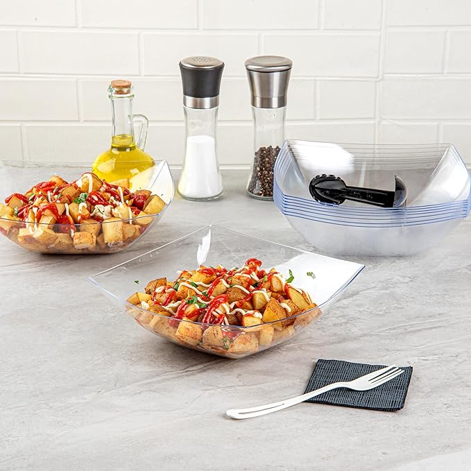 Restaurantware Moderna 64 Ounce Fancy Plastic Bowls 10 Square Disposable Salad Bowls - Durable Heavy-duty Clear Plastic Bowls For Warm And Cold Foods