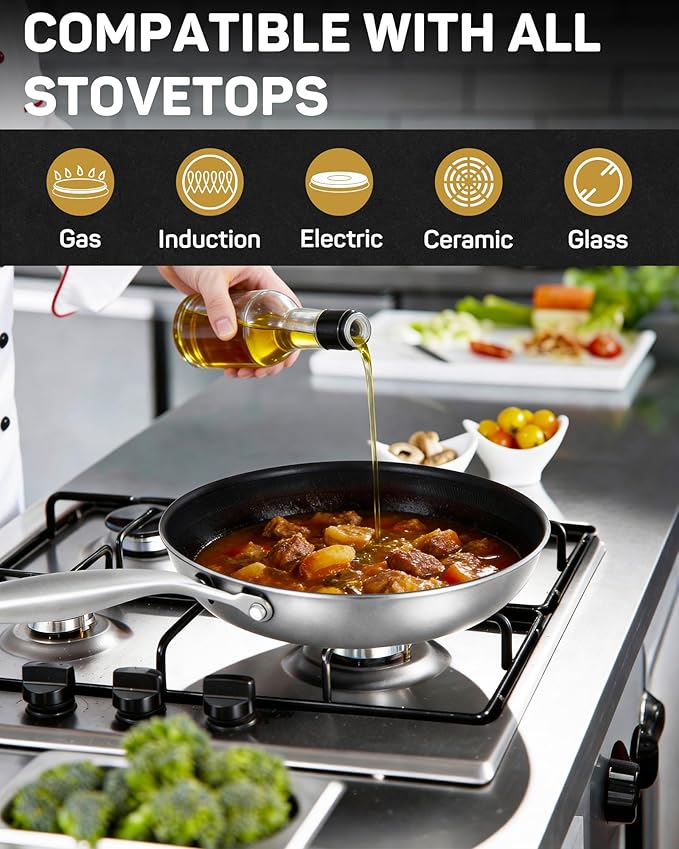 12" Hybrid Nonstick Frying Pan, Large Stainless Steel Ceramic Nonstick Skillet, Non Stick Pan for Family Meals & Steak, Stay-Cool Handle, Induction Compatible, Oven Safe