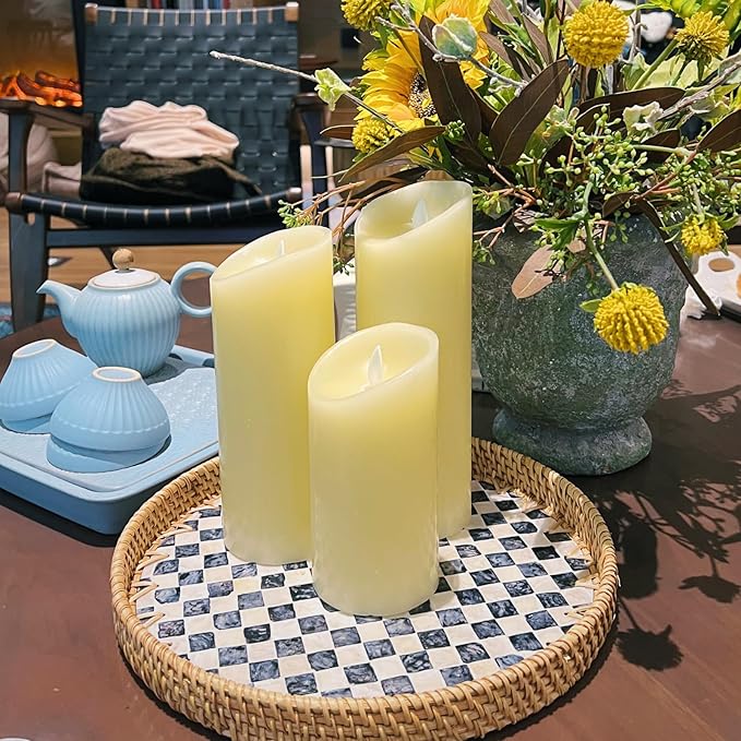 Rattan Checkered Tray with Mother of Pearl, Round Coffee Table Tray Décor 12 inch, Round Wicker Boho Decorative Woven Serving Tray (Checkerboard)