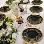bUCLA 300PCS Black and Gold Disposable Dinnerware Set - 50 Guests Black Plastic Plates with Gold Rim Include 50 Dinner / 50 Dessert Plates, 50 Forks,50 Knives,50 Spoons&50 Cups for Party&Graduation