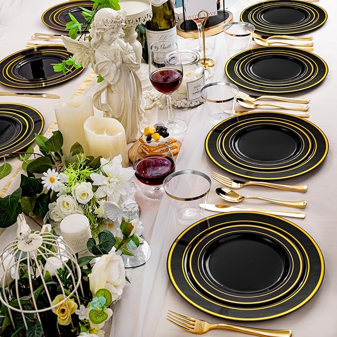 bUCLA 600PCS Black and Gold Disposable Dinnerware Set - Black Plastic Plates Disposable for Party Include 100 Dinner&100 Dessert Plates,100 Knives,100 Forks,100 Spoons,100 Cups for Party & Graduation