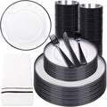 NOCCUR 350PCS Clear and Black Plastic Plates - Disposable Dinnerware Set for 50 Guests Include 100 Dinner/Dessert Plates,150 Black Cutlery,50 Cups&50 Napkins Ideal for Party/Birthday/New Year