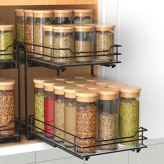 2-Tier Spice Rack, Pull Out Spice Racks Organizer for Cabinet, Height Adjustable Heavy Duty Metal Basket for Inside Cabinets & Pantry Closet (7.5''Wx10.5''Dx9.5''H)