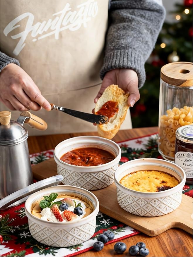 Ceramic Souffle Small Baking Dishes for Oven, 16oz Charcuterie Bowls Creme Brulee Ramekins Set with Lids, Pudding Custard Cups Snack Dipping Bowls Set of 4, Beige