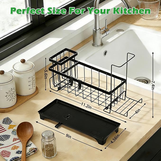 Sponge Holder for Kitchen Sink, Kitchen Sink Caddy Organizer with Detachable Cloth & Brush Holder, Auto Draining Countertop Organizers & Storage Essentials Accessories with 360° Rotatable Spout(Black)