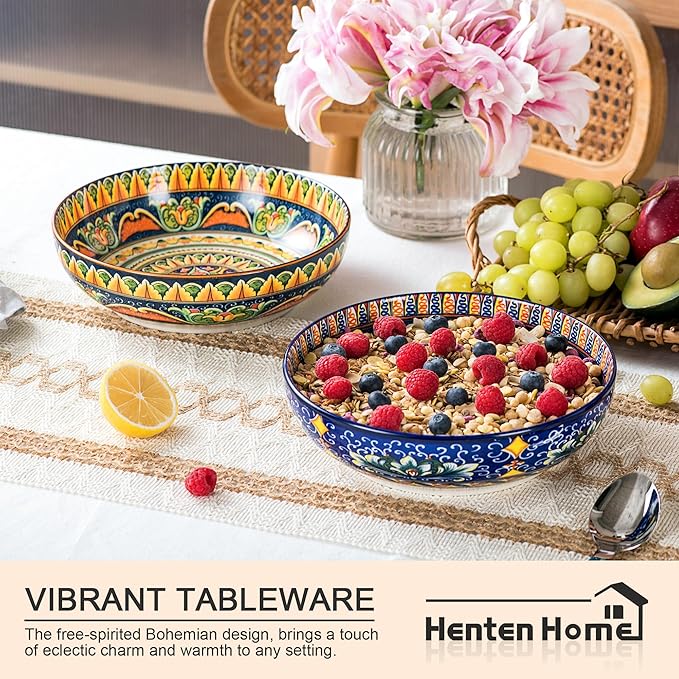 Henten Home Porcelain Pasta Bowls Set of 2, Ceramic 50 oz Soup Bowl, Colorful Large Salad Bowls, Bohemia Style Serving Bowls Set for Noodles, Microwave & Dishwasher Safe (B)