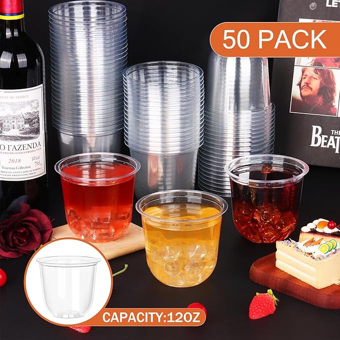 KesaPlan 50 Pcs Disposable Stemless Glasses 12oz Crystal Plastic Wine Glasses Clear Classic Cup for Meeting Weddings Birthdays Cocktail Christmas Party Supplies