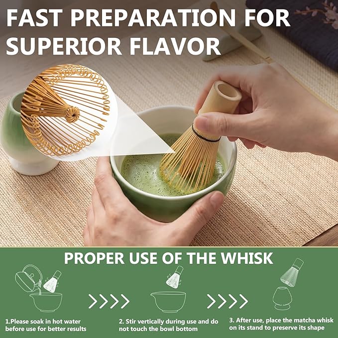 8 Pcs Matcha Whisk Set, Complete Ceramic Matcha Set Includes Bowl & Holder, Whisk, Scoop, Spoon, Tea Towel and Stainless Steel Sifter, Perfect Kit for Matcha Lovers (Green)