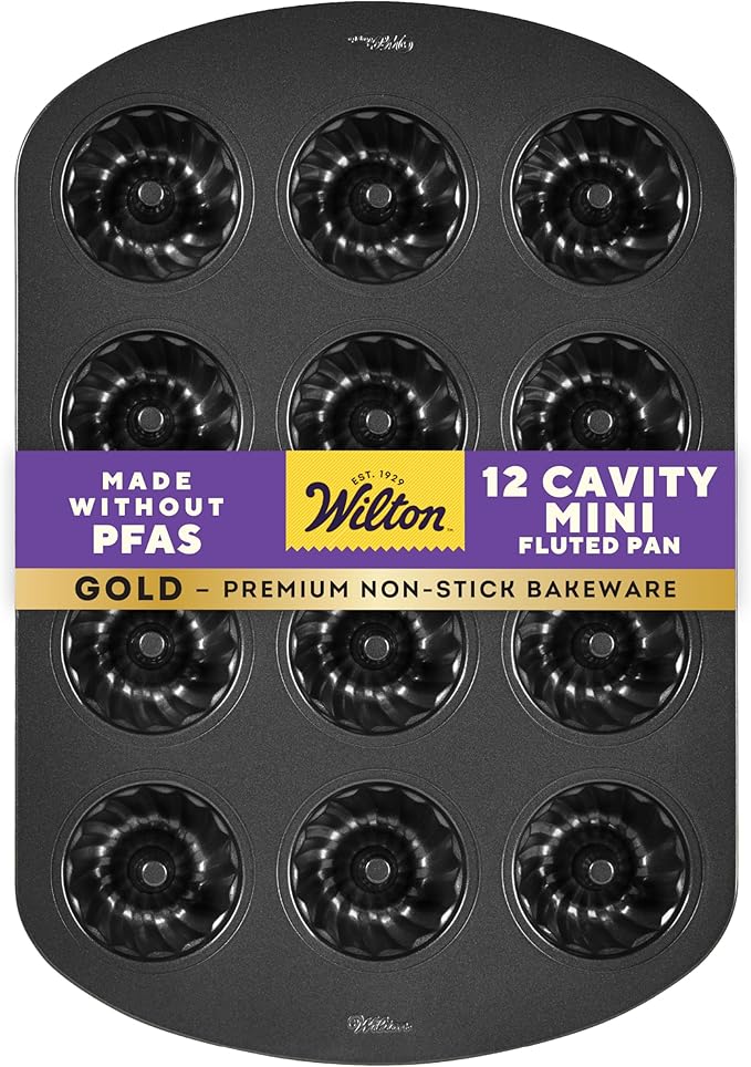Wilton Gold Non-Stick 12-Cavity Mini Fluted Cake Pan, Cold-Rolled Steel Bakeware, Made Without PFAS, Packaging May Vary