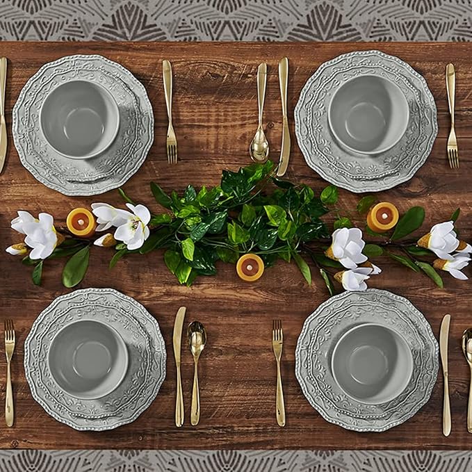 TP 12-Piece Melamine Dinnerware Sets, Plates and Bowls Dishes Set for 4, Break-Resistant & Non-Microwavable, Lightweight Dinner Plates, Relief Grey