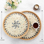 Terrekraft 14" Large Rattan Serving Tray with Mother of Pearl, Round Coffee Table Tray Decor, Boho Decorative Hand-Woven Wicker Home Decor (Lucky Flower)