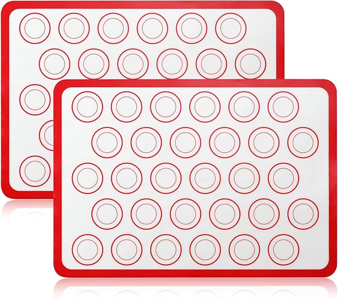 2-Pack Baking Mat with Circles – Silicone Macaron & Cookie Sheet Liners, Non-Stick BPA-Free Reusable Silicone Mats for Half Sheet Pans for Precision Baking & Candy, White with Red Edge
