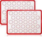 2-Pack Baking Mat with Circles – Silicone Macaron & Cookie Sheet Liners, Non-Stick BPA-Free Reusable Silicone Mats for Half Sheet Pans for Precision Baking & Candy, White with Red Edge