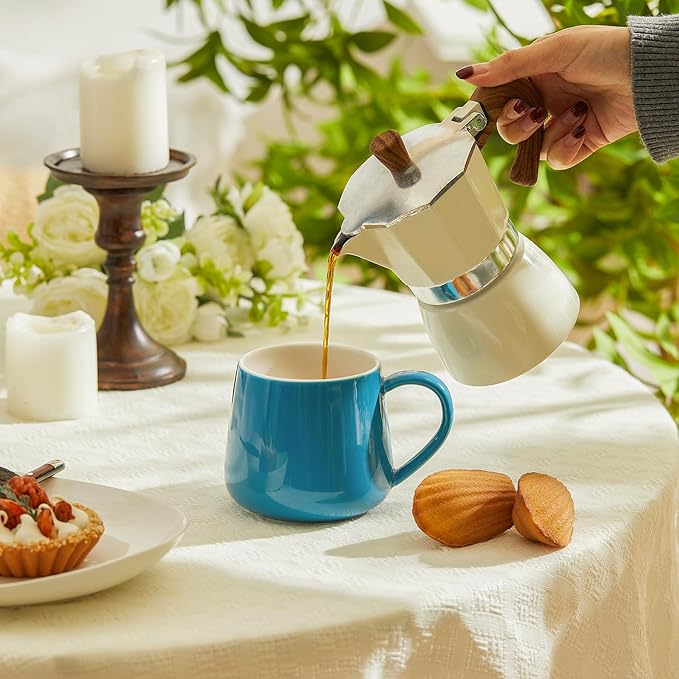 Sweese Porcelain Coffee Mugs Set of 6, 12 Ounce Coffee Cups with Handle for Coffee, Tea, Cocoa, Blue Assorted Colors Coffee Mugs with Modern Design for Great Gift Option, Microwave Safe