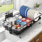 SNTD Large Dish Drying Rack - Expandable Dish Rack for Kitchen Counter, Stainless Steel Dish Drainer Rack with Utensil Holder and Cup Holder, Black