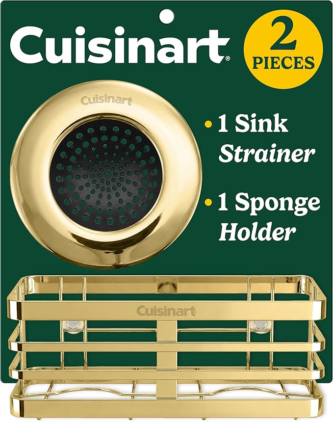 Cuisinart 2 Piece Sink Set – Sink Drain Strainer with Stainless Steel Rim & Silicone Mesh Base & Sponge Holder for Kitchen Sink, Metal Caddy with Triple Suction Cups, Daily Kitchen Essentials