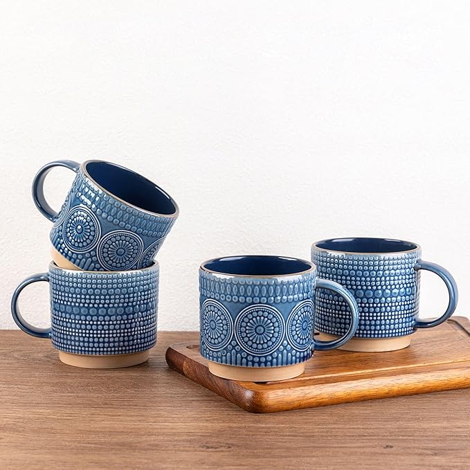 GBhome 12OZ Stackable Coffee Mugs, Ceramic Coffee Mugs with Texture Patterns for Man,Woman,Dad,Mom, Modern Coffee Mugs Set of 4 for Latte/Cappuccino/Cocoa. Dishwasher&Microwave Safe