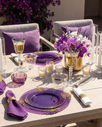 Nervure 350PCS Purple Plastic Plates - Disposable Purple Gold Party Plates & Pre Rolled Napkins with Cutlery for 50 Guests, 100Plates, 150 Silverware, 50 Cups, 50 Napkin for Wedding & Party & Bridal