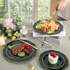 Liacere 350PCS Green Plastic Plates - Dark Green Disposable Plates With Gold Rim - 50Guest Baroque Plastic Dinnerware include 100Plates-50Pcs Pre Rolled Napkins with Silverware 50Cups for Party