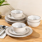 GBHOME Ceramic Dinnerware Sets,12 pcs Embossed Elegant Stoneware Plates and Bowls Sets, Housewarming Wedding Gift | Dishwasher & Microwave Safe | Dishes Set Service for 6