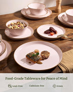 Famiware Saturn Plates and Bowls Dish Sets for 6 (18 Pieces), Stoneware Dinnerware Set with Hand-Painted Trim - Chip & Scratch Resistant, Microwave & Dishwasher Safe Ceramic Dishes, Light Pink
