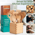 Wooden Spoons for Cooking, Beech Wood Kitchen Utensil Set, Premium Handmade Wooden Cooking Utensils for Nonstick Cookware, Heat Resistant, Smooth Finish, Comfortable Grip, 8 Piece