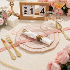 Liacere 350PCS Pink Plates Disposable-PinK Plates 50guest Baroque Plastic Dinnerware include 100Plates, 50Pack Pre Rolled Napkins with Silverware 50Cups Perfect for Wedding ＆ Party & Mothers Day