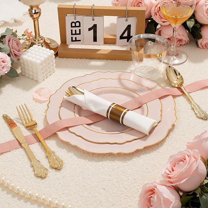 Liacere 350PCS Pink Plates Disposable-PinK Plates 50guest Baroque Plastic Dinnerware include 100Plates, 50Pack Pre Rolled Napkins with Silverware 50Cups Perfect for Wedding ＆ Party & Mothers Day