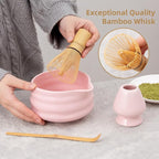 5pcs Premium Matcha Set,Ceramic Bowl with Spout and Bamboo Whisk set, Ceremonical Matcha Kit for breakfast/latte,Tea Starter Making Kit,Unique Matcha Gift set (pink)