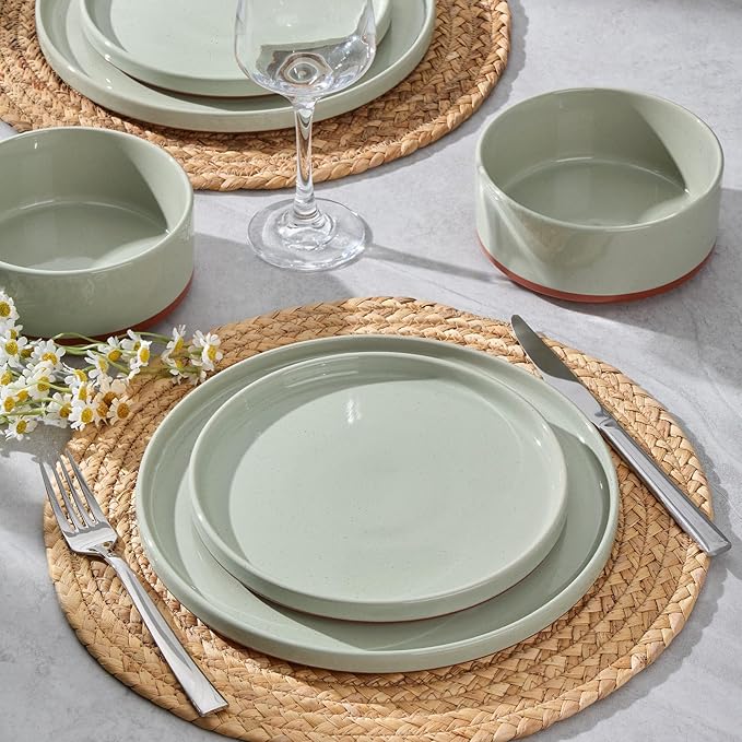 LIANYU 12 Piece Dinnerware Sets for 4, Modern Style Stoneware Dinnerware Set, Scratch Resistant, Dishwasher Safe Bowl and Plate Sets, Ceramic Dish Dinner Set, Laurel Green