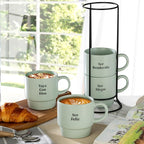 Signature Housewares Stackable Coffee Mug Tower Set with Metal Wire Rack - 15 Ounce Coffee Mugs for Coffee, Tea, Cocoa, Milk, Cappuccino, Hot Chocolate Set of 4 - Spanish Bendecida Blessed