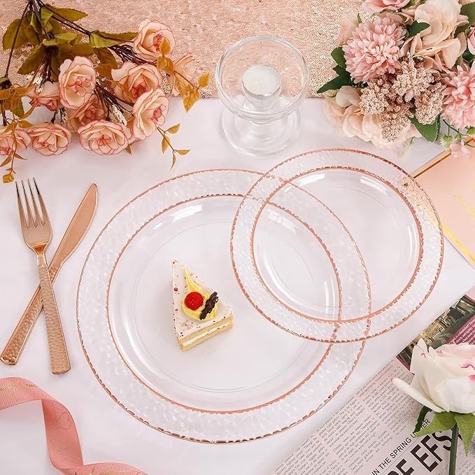 Liacere 350PCS Rose Gold Plastic Plates-Clear Rose Disposable Plates 50 Guests include 50 Dinner Plates,50 Salad Plates,50 Forks,50 Knives,50 Spoons,50 Cups,50 Napkins for Wedding & Mothers Day