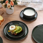 E-far Stoneware Dinnerware Sets for 4, 12 Pieces Reactive Glaze Plates and Bowls Sets, Elegant Dishes with Rustic Terracotta Base, Dishwasher & Microwave Safe, Scratch Resistant, Blackish Green