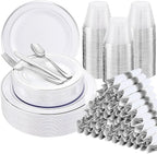 WELLIFE 700 Pcs Silver Plastic Plates for 100 Guests -Party Supplies Includes 200 Silver Plates,300 Plastic Silverware,100 Napkins,100 Cups for Party and Wedding