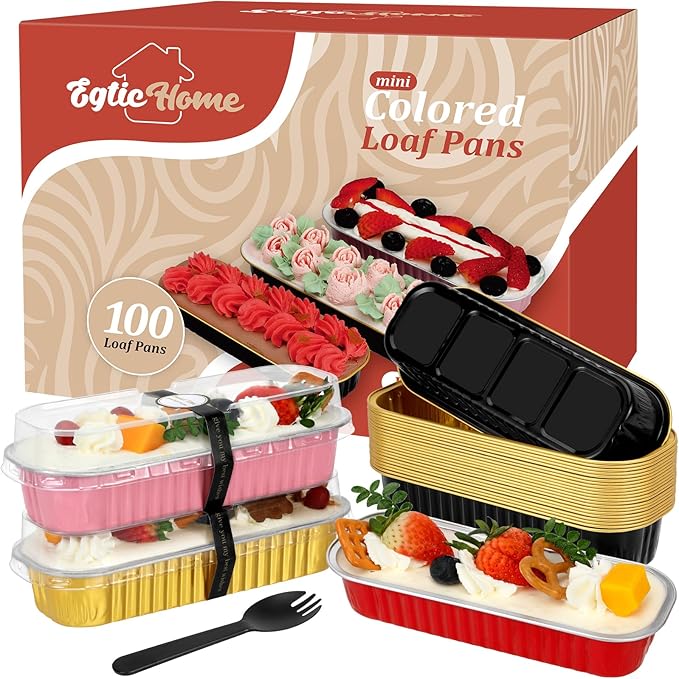 Mini Loaf Pans with Lids and Spoons (100 Pack, Mixed color, 6.8oz) Rectangular Aluminum Foil Baking Pans