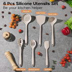 Onader Kitchen Utensils Set, Silicone Non Toxic Cooking Utensils, 6 Pcs Heat Resistant Kitchen Gadgets Set for Nonstick Cookware - Khaki