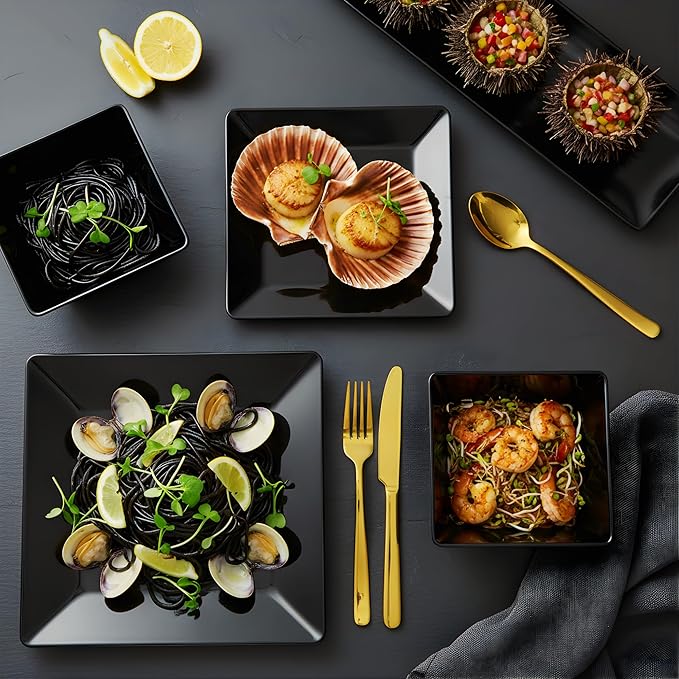 TP 12-Piece Melamine Dinnerware Sets, Plates and Bowls Dishes Set for 4, Break-Resistant & Non-Microwavable, Lightweight Square Dinner Plates, Black