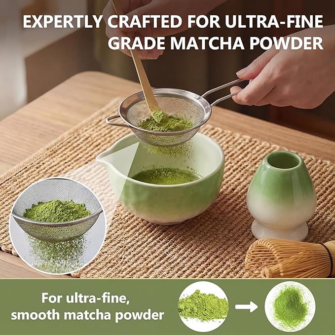 8 Pcs Matcha Whisk Set, Complete Ceramic Matcha Set Includes Bowl & Holder, Whisk, Scoop, Spoon, Tea Towel and Stainless Steel Sifter, Perfect Kit for Matcha Lovers (Green)