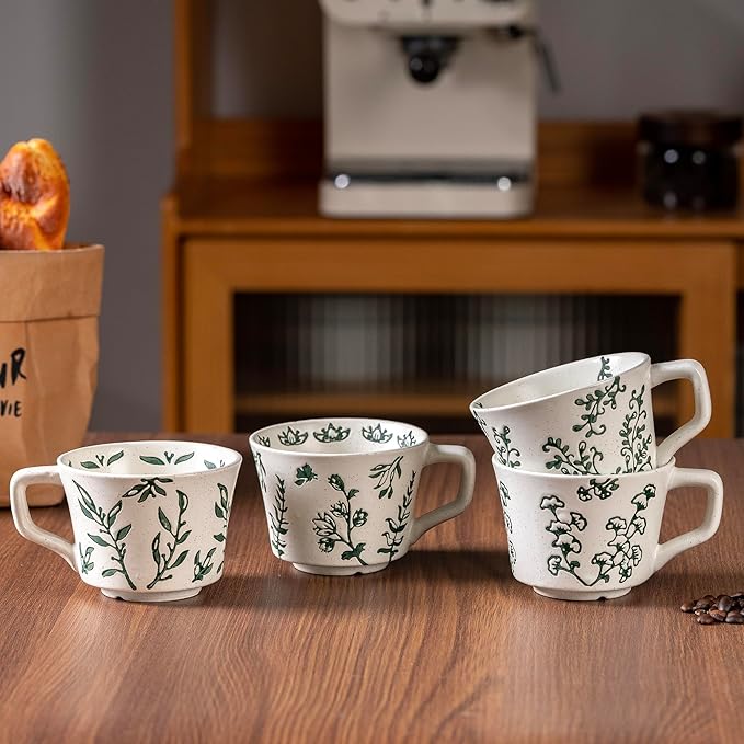Ceramic Mugs 11 oz Set of 4, Unique Luxurious Stoneware Cups for Coffee Milk Latte Cappuccino Tea, Office Home Kitchen Use, Dishwasher Microwave Freezer Safe, Mixed Green