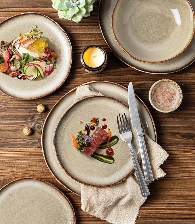 GBHOME Stoneware Dinnerware Sets for 4, 12 Pieces Rustic Ceramic Plates and Bowls Set, Handmade Reactive Glaze Plate Sets, Highly Chip Resistant Dishes, Microwave & Dishwasher Safe, Driftwood Taupe