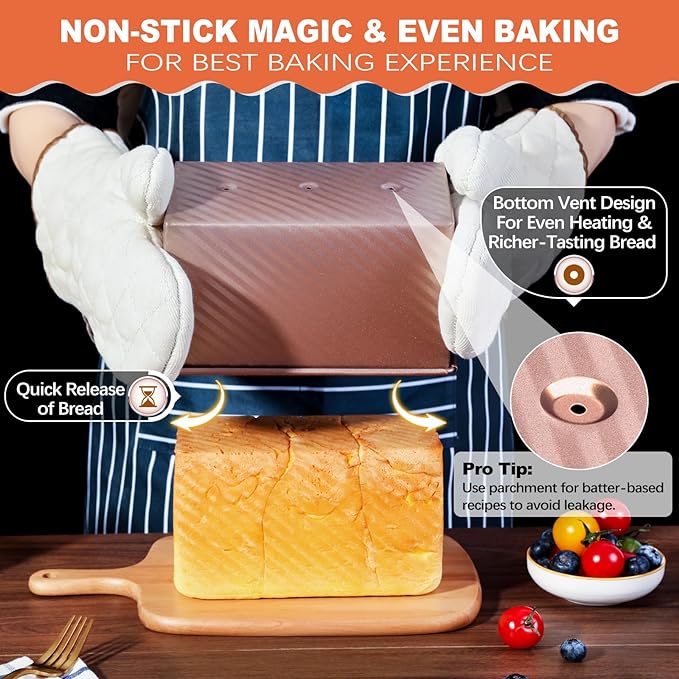 2 Pack Pullman Loaf Pan with Lid, 1 lb/0.5 lb Dough Capacity, Premium Non-Stick Sandwich Bread Loaf Pan with Lid, Carbon Steel Corrugated Bread Toast Box Mold with Cover for Baking