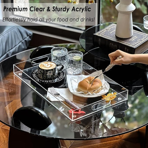 Acrylic Serving Tray with Handles, Extra Large Rectangular Tray for Serving Food, Drinks, Snacks and Appetizer, Outdoor Lucite & Coffee Table Trays, Acrylic Makeup Organizer 12" × 20"