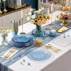 Rubtlamp 350 Pcs Clear Blue Plastic Plates, Blue Gold Plastic Dinnerware Set (50 Guests), Blue Disposable Plates With Gold Rim, Hammered Party Plates Set for Wedding And Party