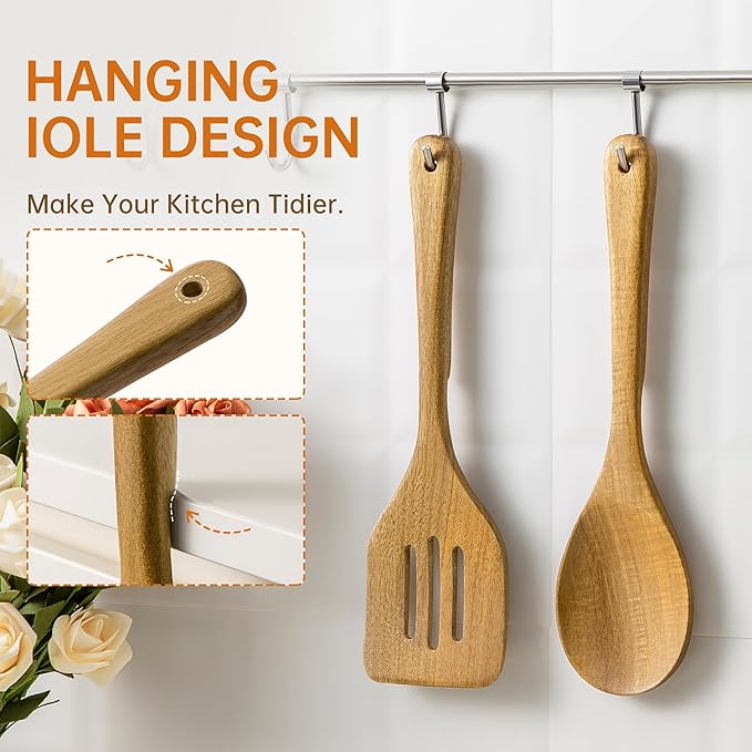 Wooden Serving Spoon and Spatula, Acacia Solid & Slotted Turner Spatula Set