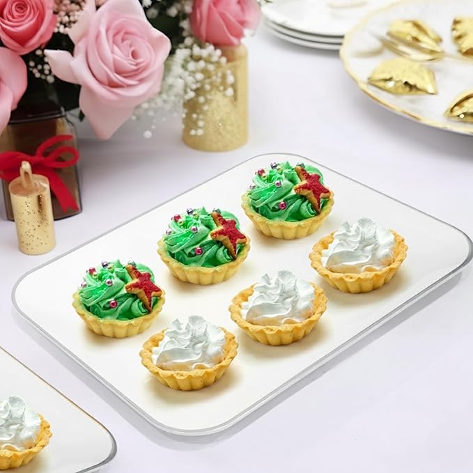 3 Pack Silver Plastic Serving Trays for Party - Silver Rim Serving Tray 8 x 11 Inch - Heavy Duty Dessert Trays for Food - Rectangular Party Serving Trays for Entertaining