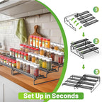 4 Tier Adjustable Spice Rack Organizer for Cabinet - Black (2 PCS S&L) Expandable Spice Shelf with Protection Railing for Inside Cabinets, Countertop, Pantry Storage & Seasoning Organization